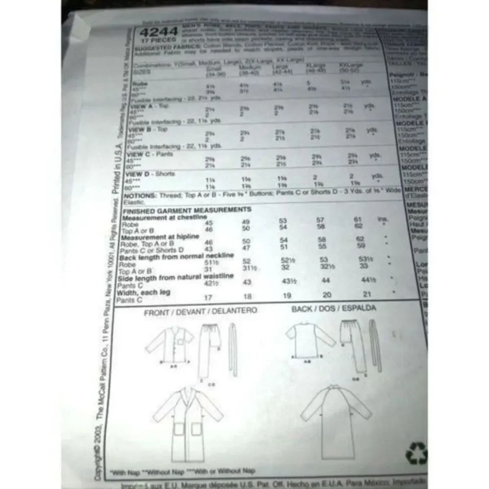McCalls 4244 Easy Endless Options Pattern Size XXL, Men’s Robe, Belt,Pant,shor
